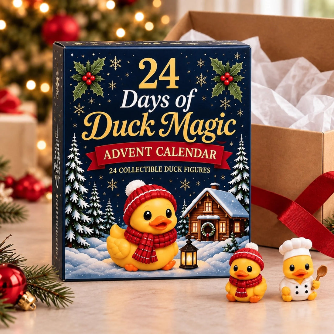 Duck Magic advent calendar beside gift packaging, red ribbon and two collectible ducks