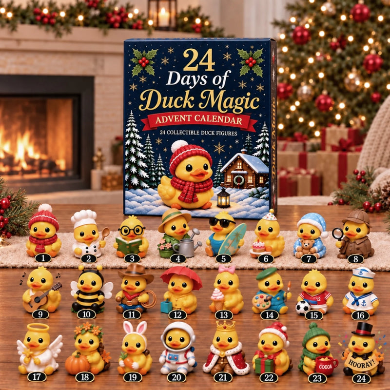 Duck Magic Christmas advent calendar with all 24 collectible duck characters beside a fireplace