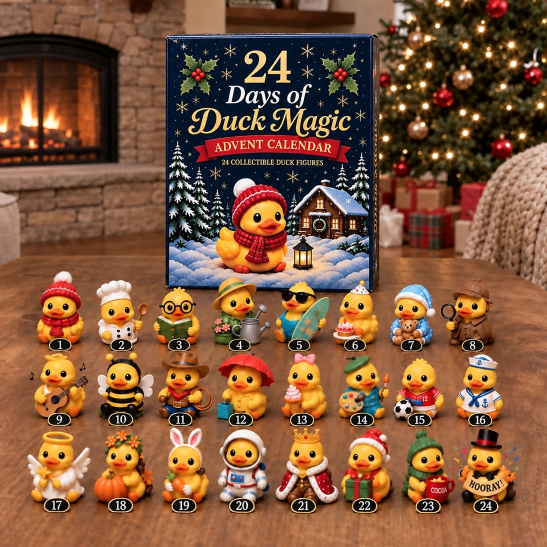 Full set of 24 different duck characters arranged in three rows in front of the Christmas advent calendar