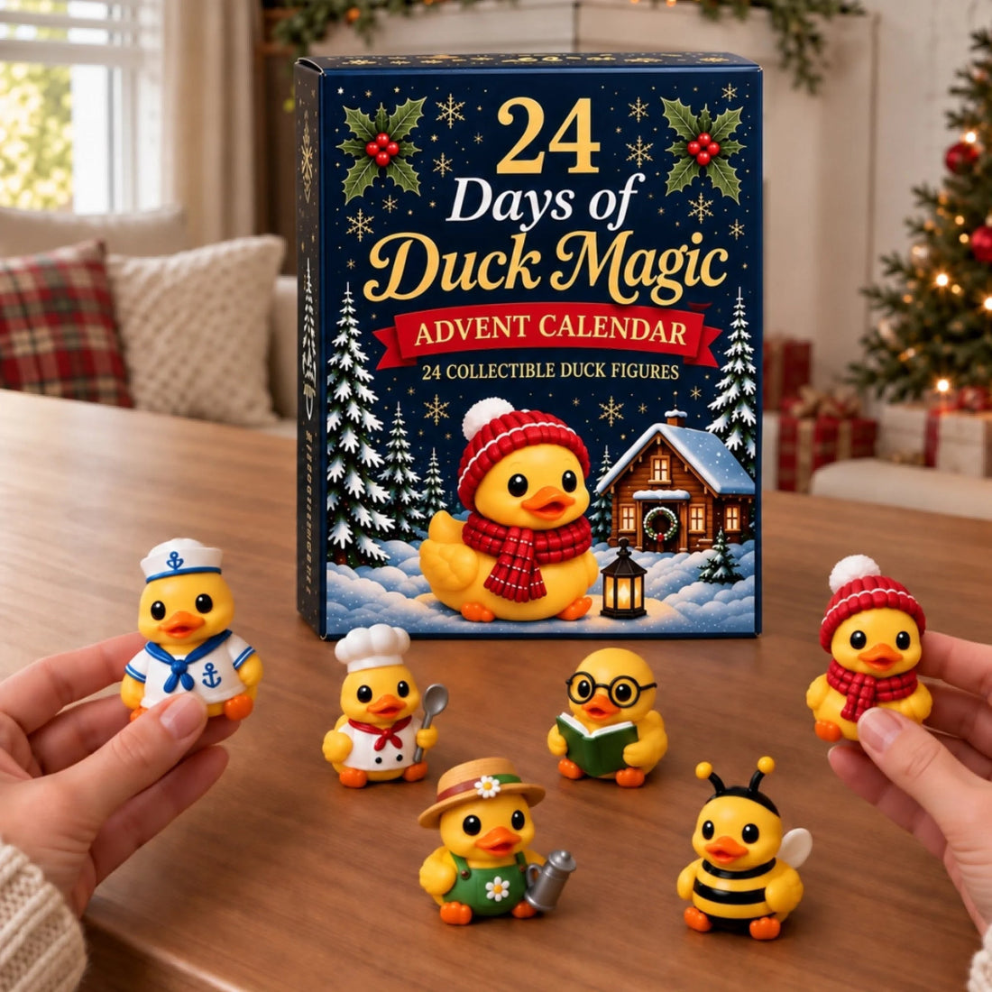 Close-up of the chef, reader, gardener, bee and sailor duck characters with the advent calendar