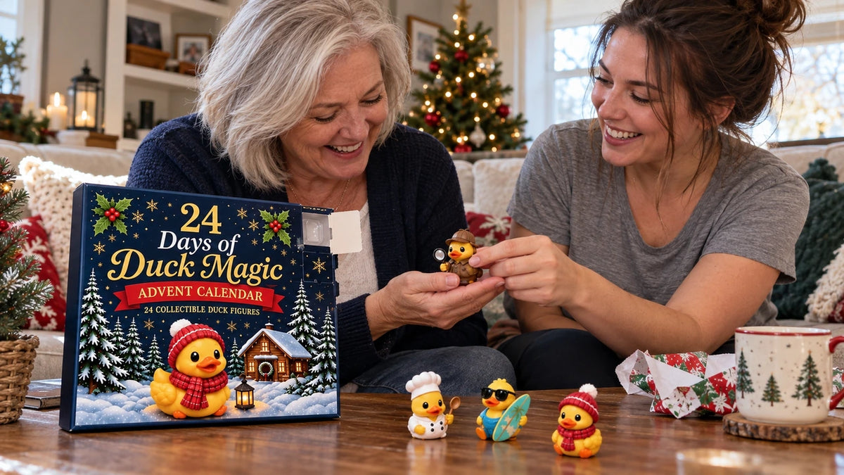 Two women enjoying a duck advent calendar surprise together in a cozy Christmas living room