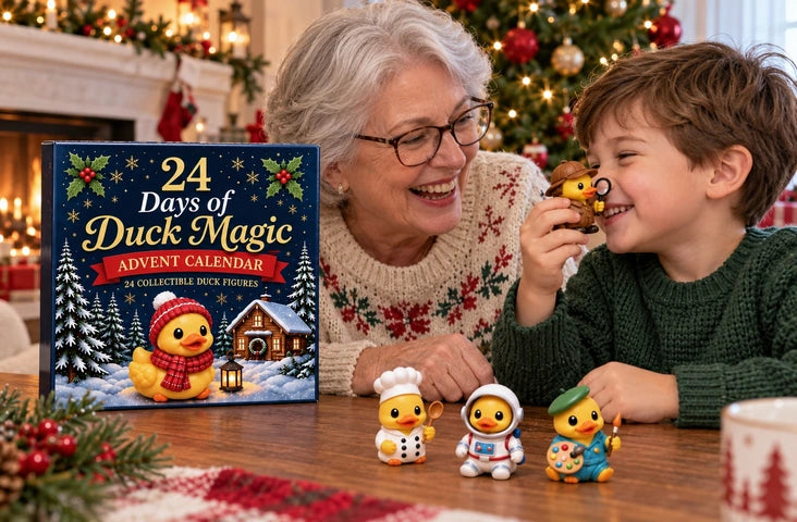 Grandmother and grandson sharing a cheerful duck advent calendar moment beside Christmas decorations