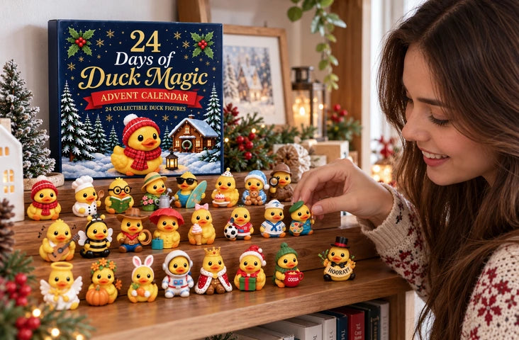 Woman arranging the complete collectible duck flock on a wooden shelf with festive decorations