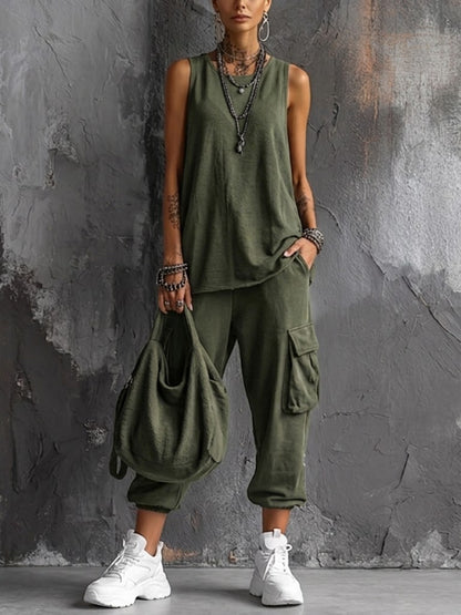 Casual Street-style Sleeveless Cotton T-shirt And Pants Two-piece Set