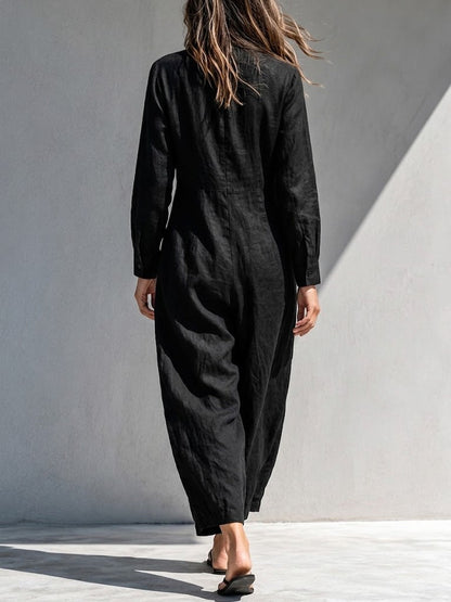 Casual Linen-cotton Button-front Jumpsuit