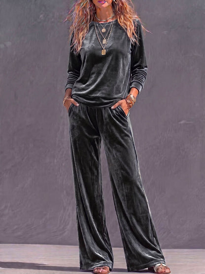 Women's Solid Color Round Neck Long Sleeve Casual Loose Top High Waist Wide Leg Pants Velvet Suit