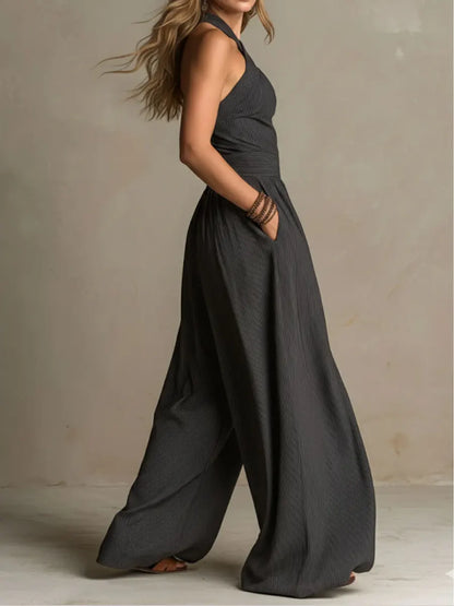 Women's Cross-neck Halter Design Cotton-linen Jumpsuit