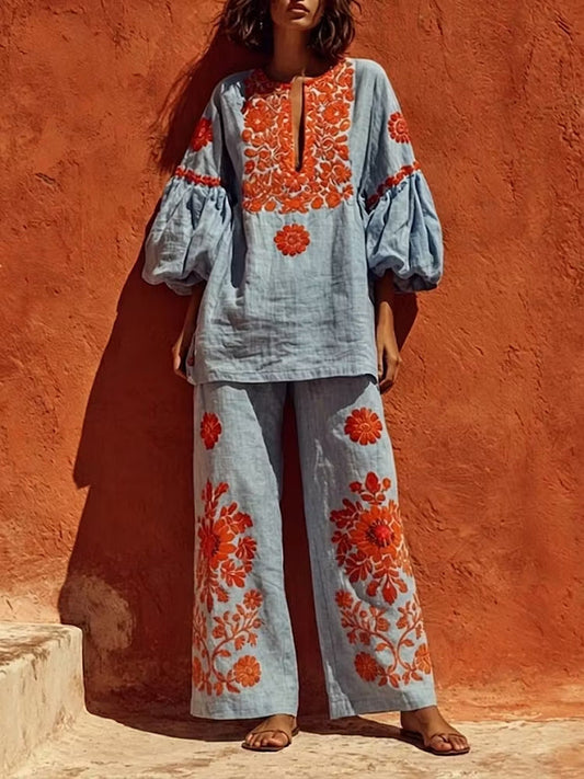 Loose And Cozy Linen-cotton Tunic And Trousers Two-piece Set