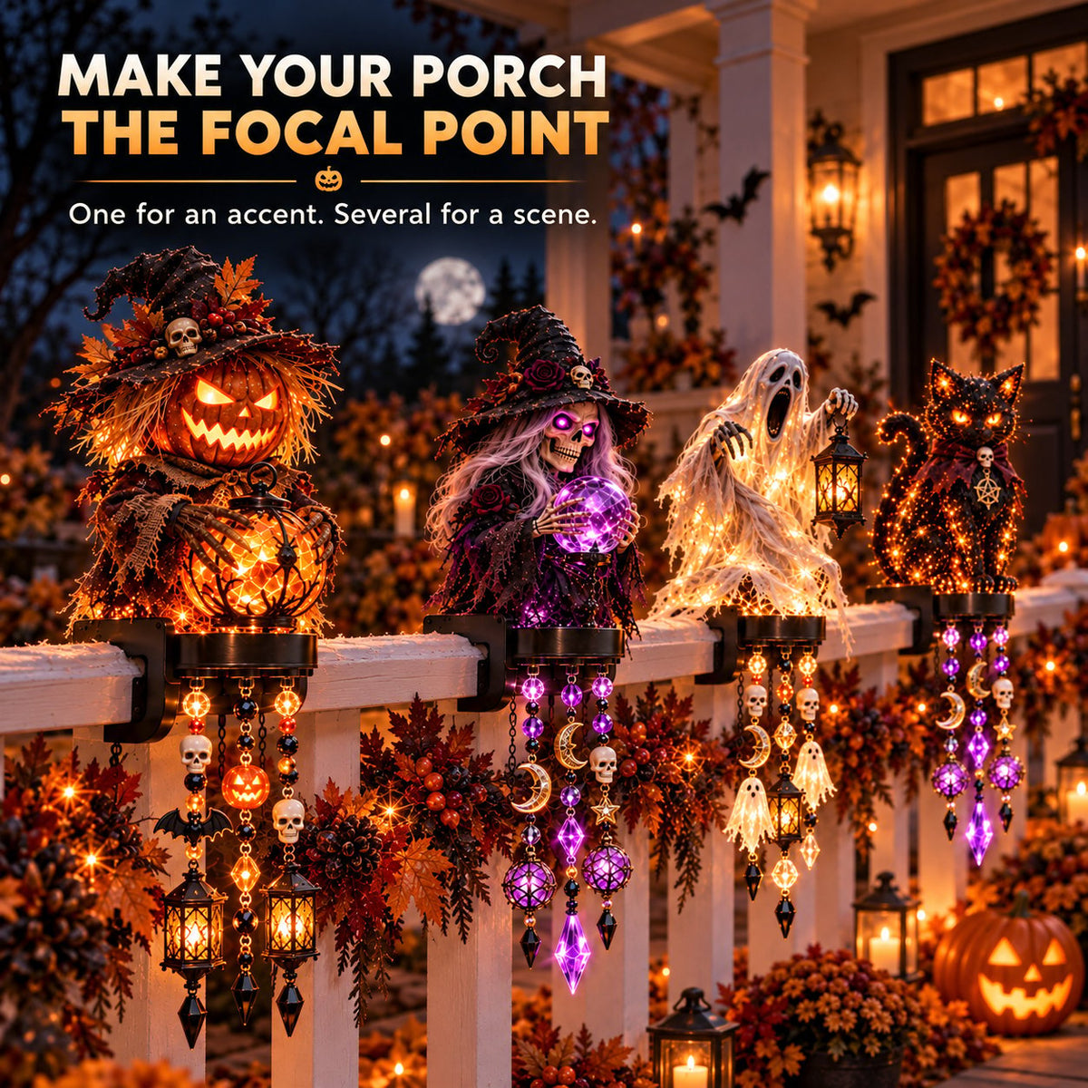 🏡🔥HOT SALE🔥🎃 Halloween Character Glow Cascade Railing Lights – Pumpkin, Witch, Ghost & Black Cat